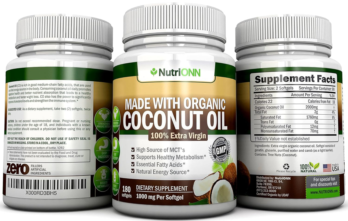 Organic Coconut Oil Capsules - 180 Softgels, 4000 MG Daily, Cold-Pressed Extra Virgin - USDA Certified - Hair, Skin, Acne