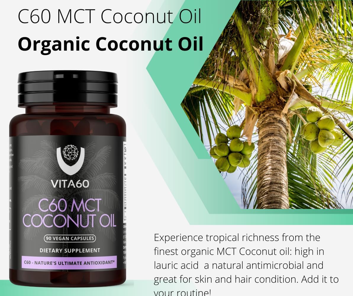 Organic Coconut Oil Capsules with 99.99% Pure C60 for Age-Defying Antioxidant Support and Vitality