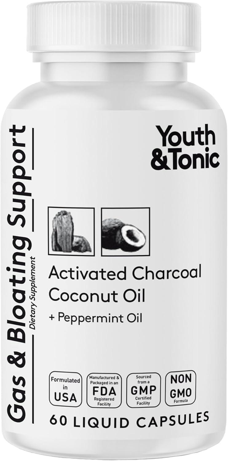 Organic Coconut Oil & Peppermint Activated Charcoal Pills for Gas Relief - 60 Liquid Capsules for Digestive System Detox in Men & Women