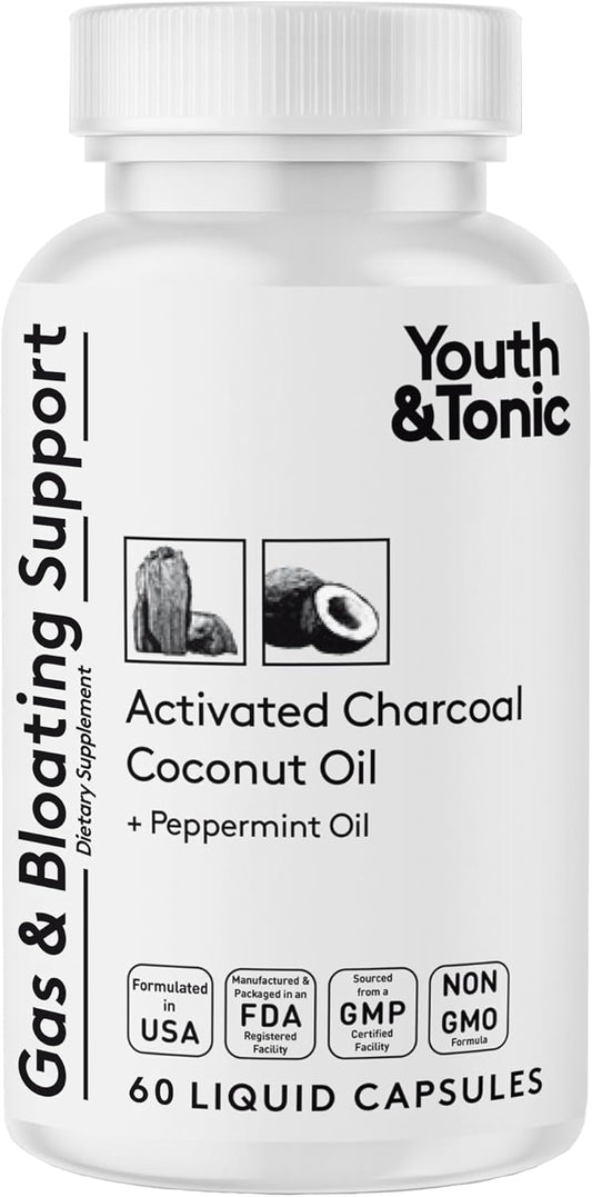 Organic Coconut Oil & Peppermint Activated Charcoal Pills for Gas Relief - 60 Liquid Capsules for Digestive System Detox in Men & Women