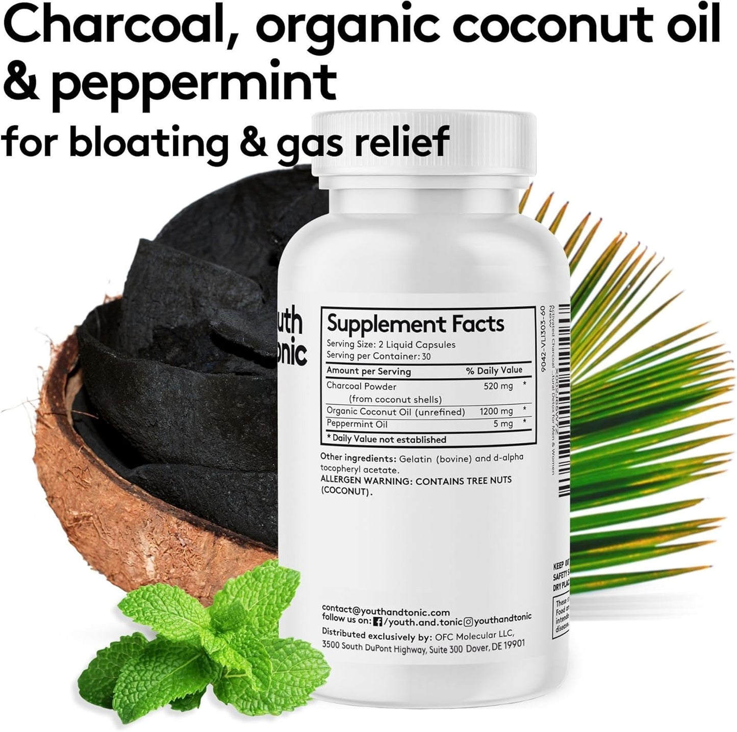 Organic Coconut Oil & Peppermint Activated Charcoal Pills for Gas Relief - 60 Liquid Capsules for Digestive System Detox in Men & Women