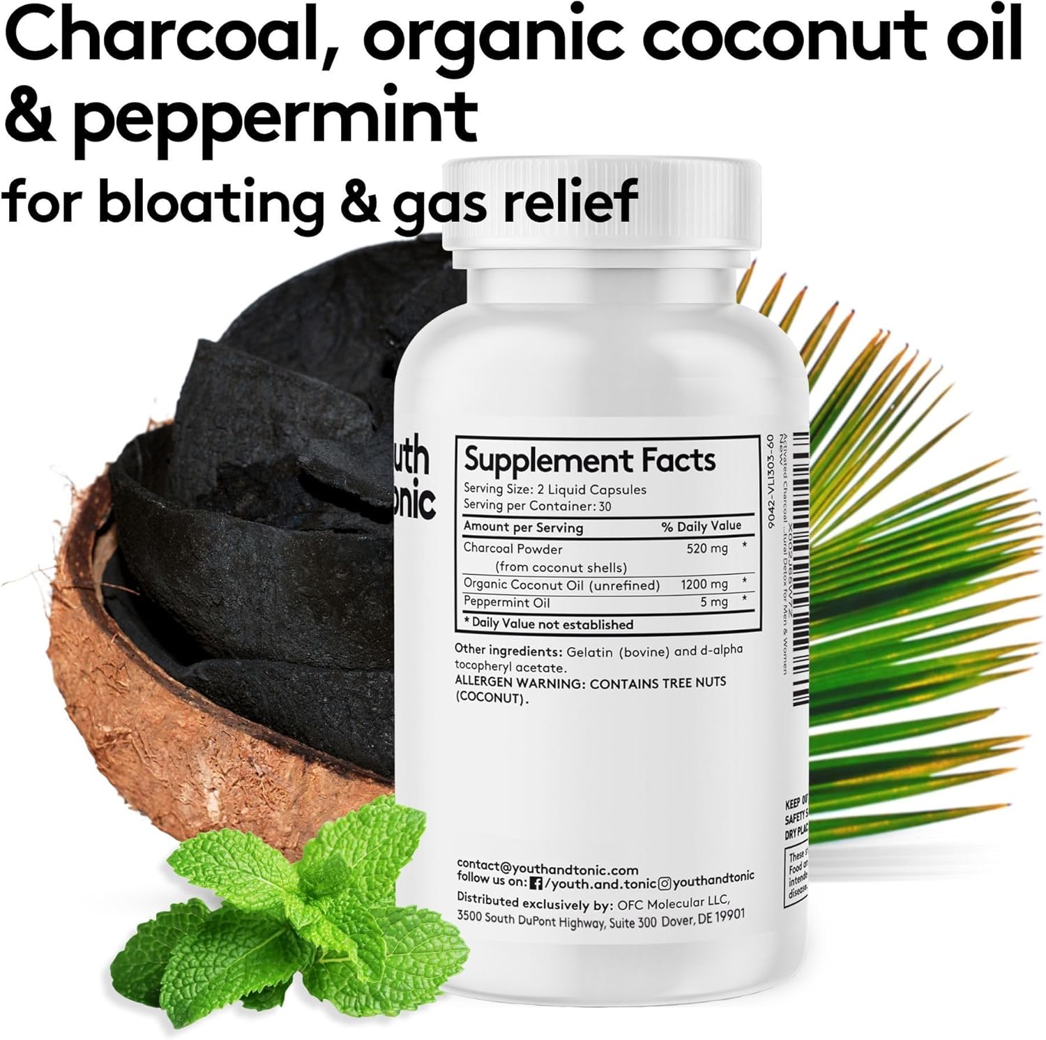Organic Coconut Oil & Peppermint Activated Charcoal Pills for Gas Relief - 60 Liquid Capsules for Digestive System Detox in Men & Women