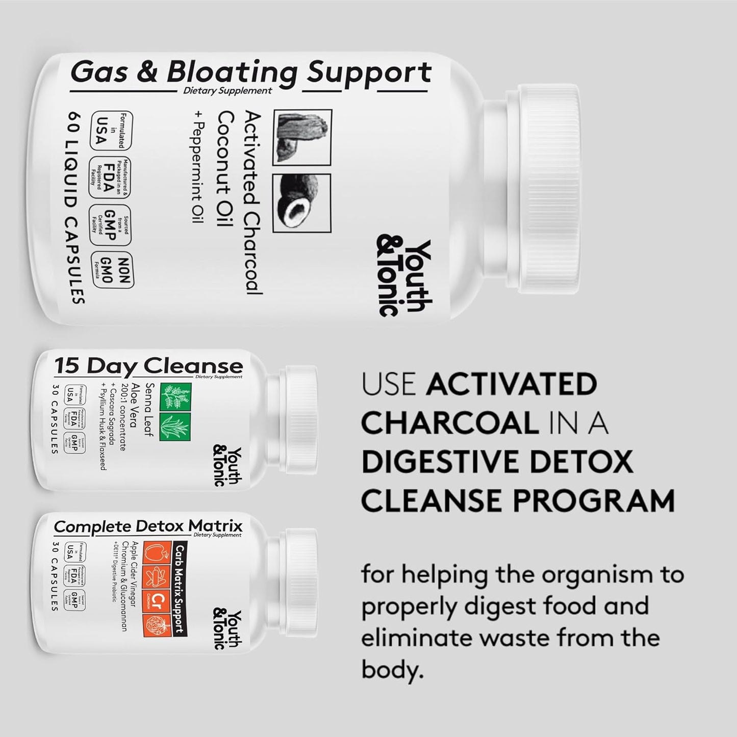 Organic Coconut Oil & Peppermint Activated Charcoal Pills for Gas Relief - 60 Liquid Capsules for Digestive System Detox in Men & Women