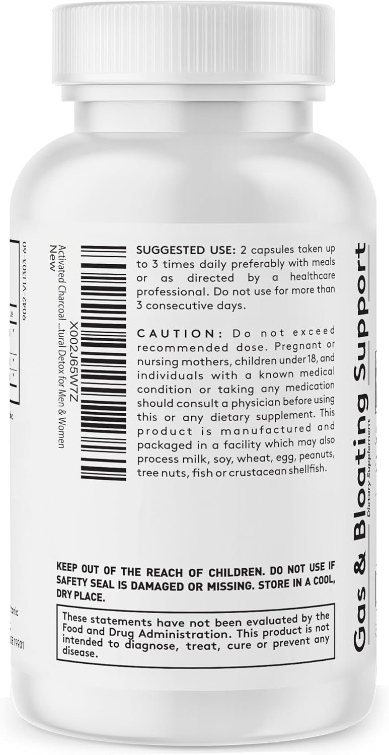 Organic Coconut Oil & Peppermint Activated Charcoal Pills for Gas Relief - 60 Liquid Capsules for Digestive System Detox in Men & Women