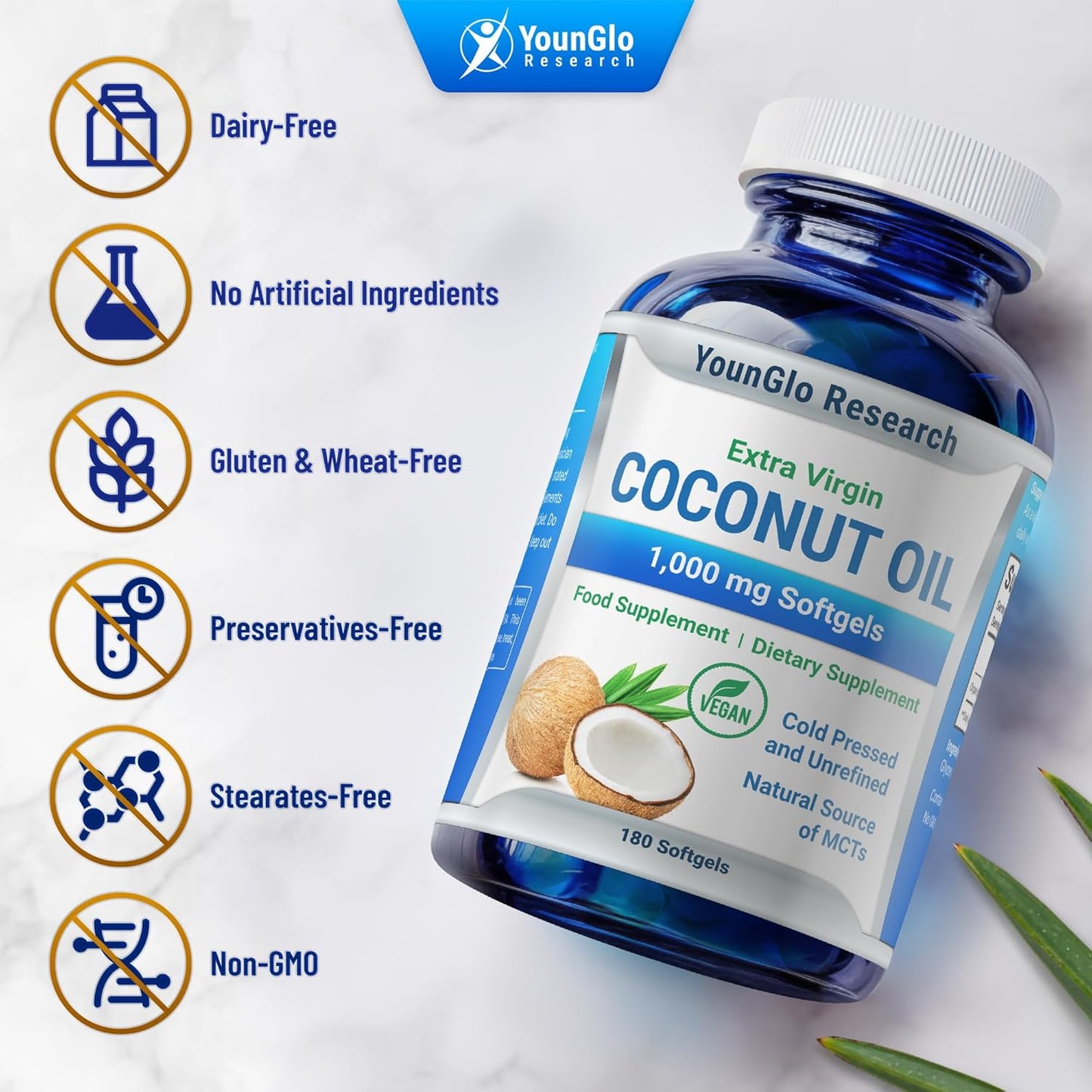 Organic Coconut Oil Softgels 1000mg - Cold-Pressed, Vegan, Keto-Friendly Supplement for Hair, Skin & Nails - 180 Capsules