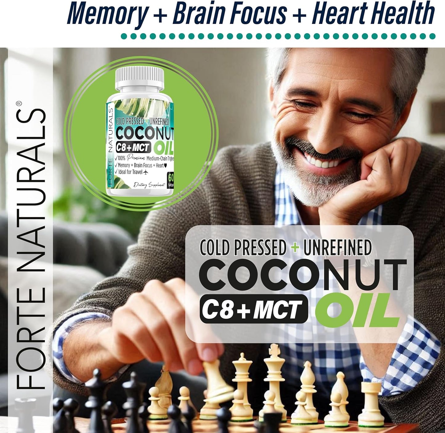 Organic Coconut Oil Supplements for Brain, Heart, and Memory Health - 60 Softgels, 2000mg - Made in USA