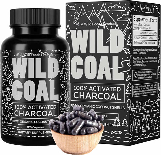 Organic Coconut Shell Activated Charcoal Capsules for Bloating & Hangover Relief - 120 Count - Non-GMO Detox Pills - USA Made & Lab Tested
