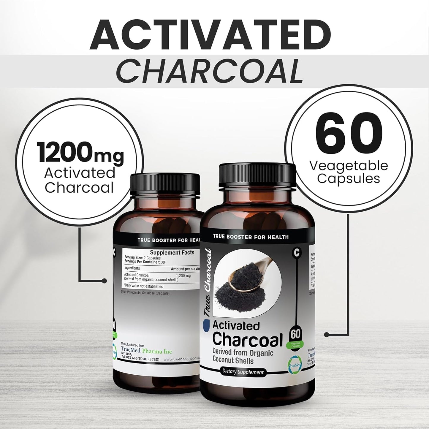 Organic Coconut Shell Derived Charcoal Capsules 1200mg - Detox & Digestive Support - 60 Capsules for Health-Conscious Individuals