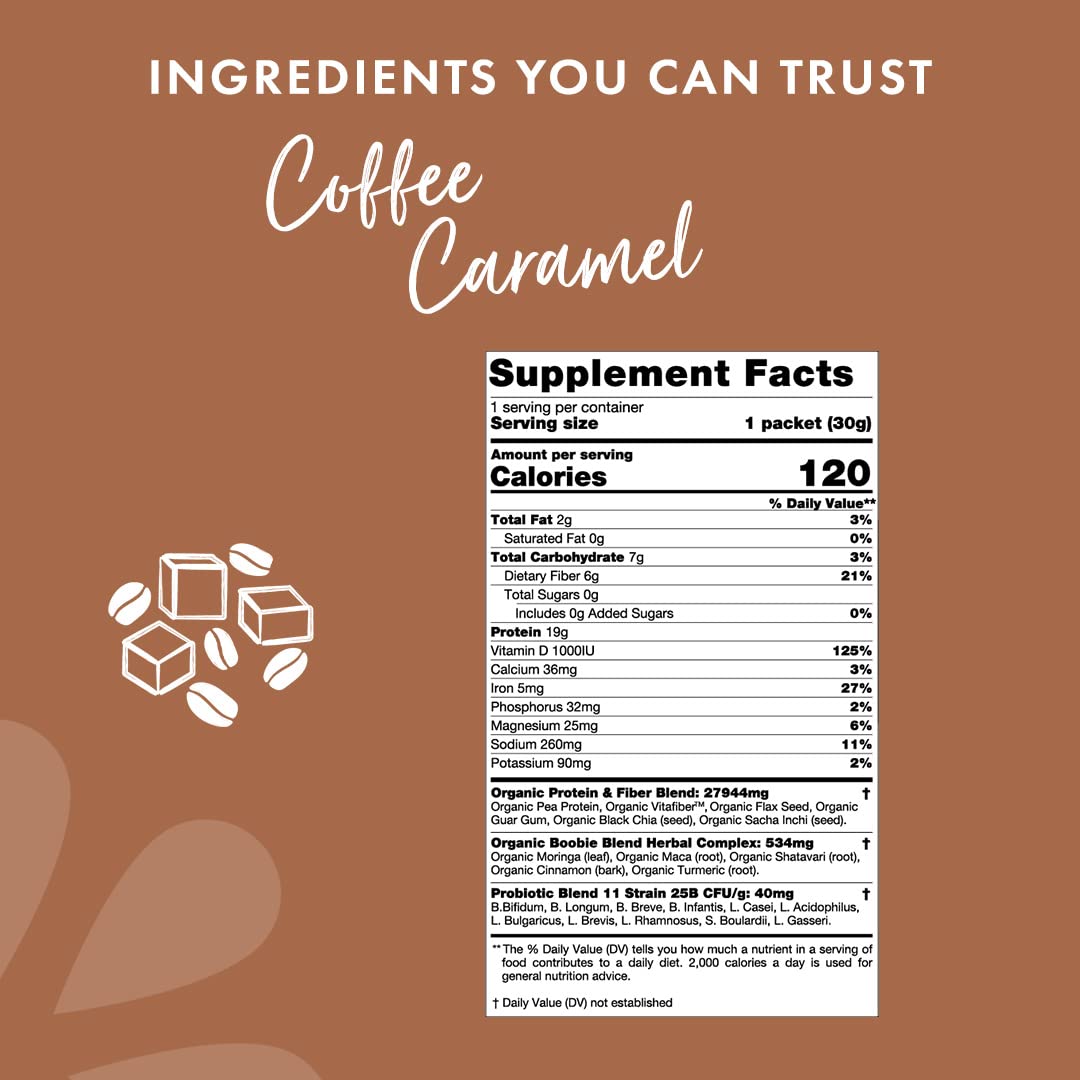 Organic Coffee Caramel Superfood Protein Shake for Pregnancy & Motherhood - 19g Protein, Vegan, Zero Sugar - 10 Packets