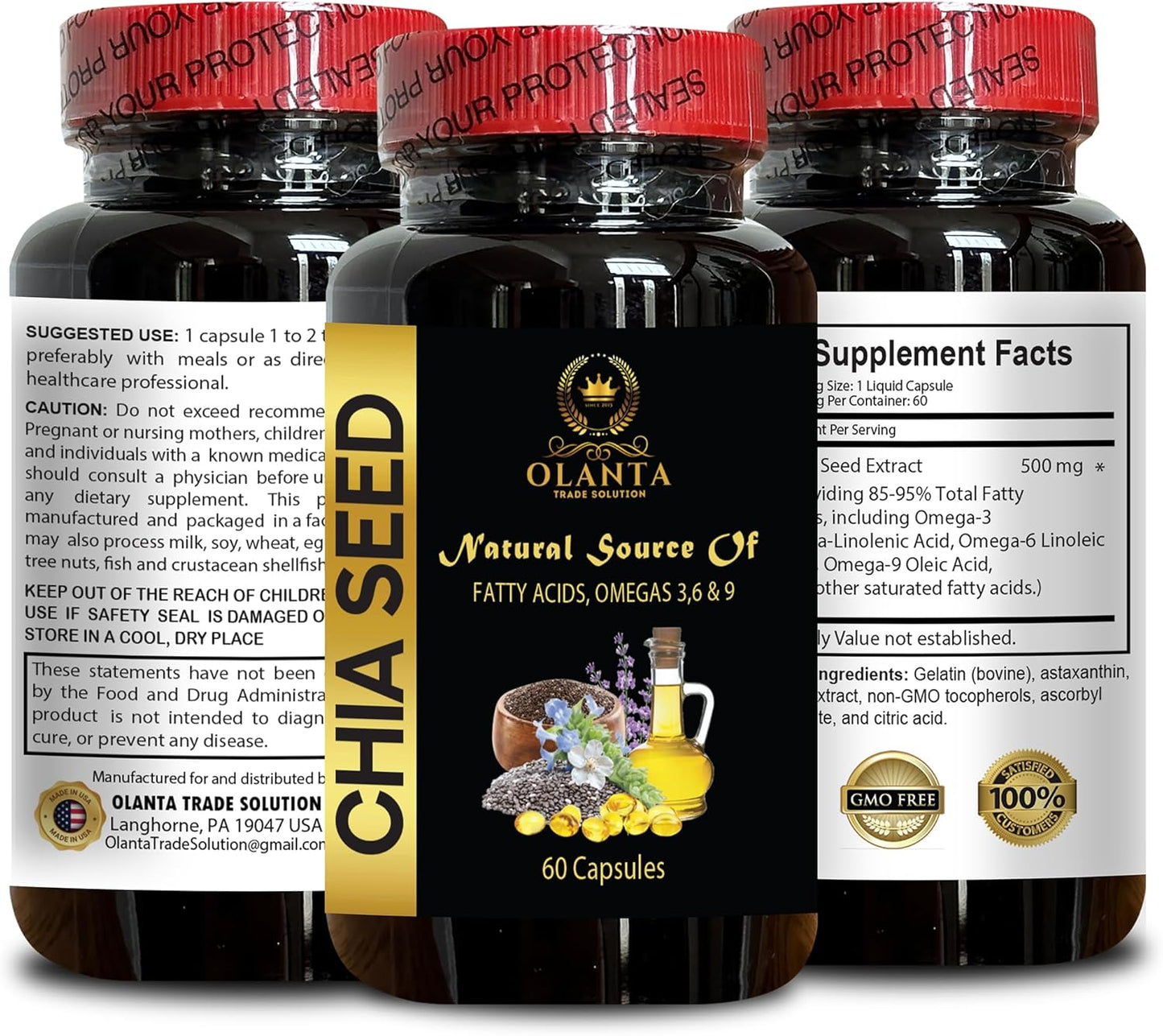 Organic Cold Pressed Chia Seed Extract Oil Capsules - Metabolism Boost Supplement - 60 Capsules