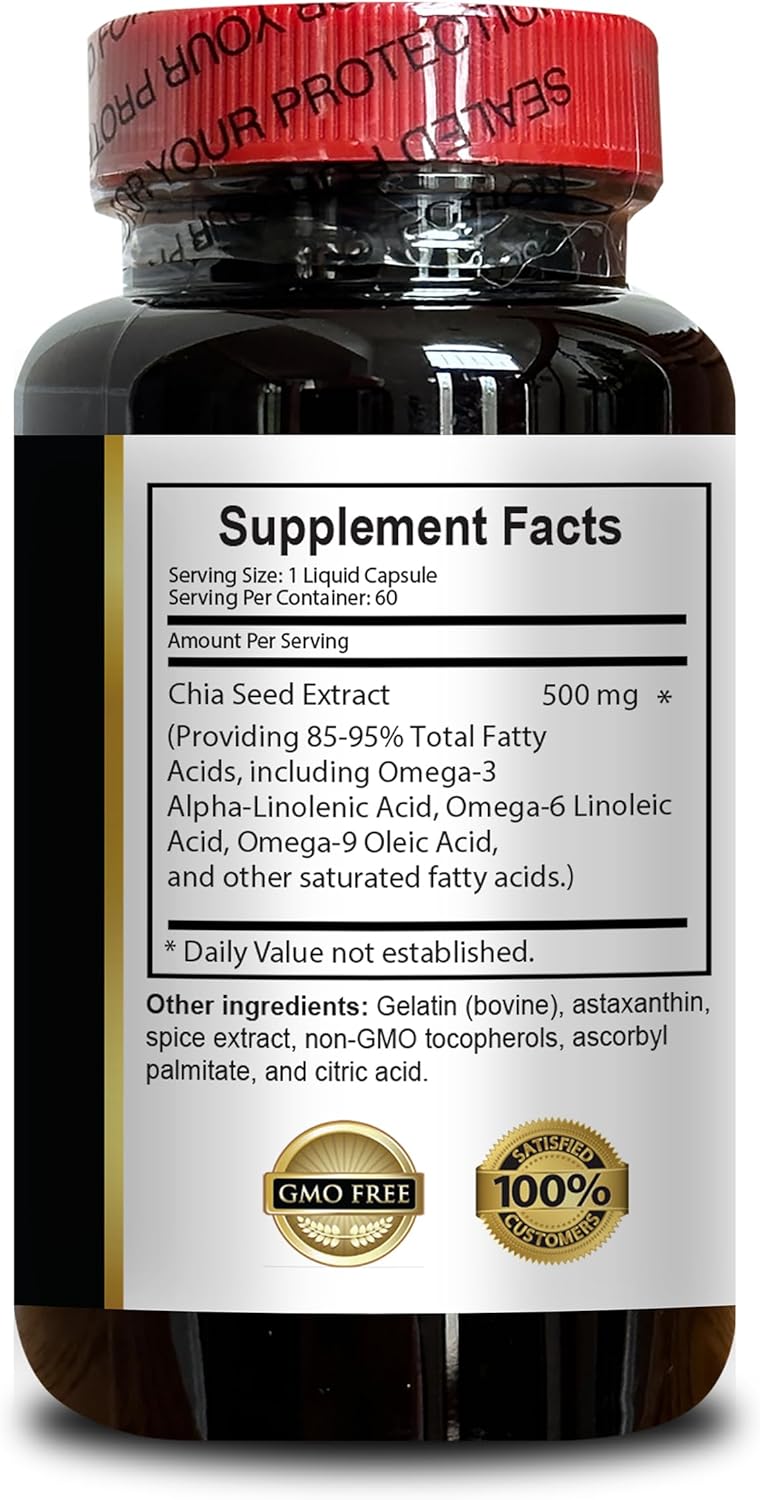 Organic Cold Pressed Chia Seed Extract Oil Capsules - Metabolism Boost Supplement - 60 Capsules
