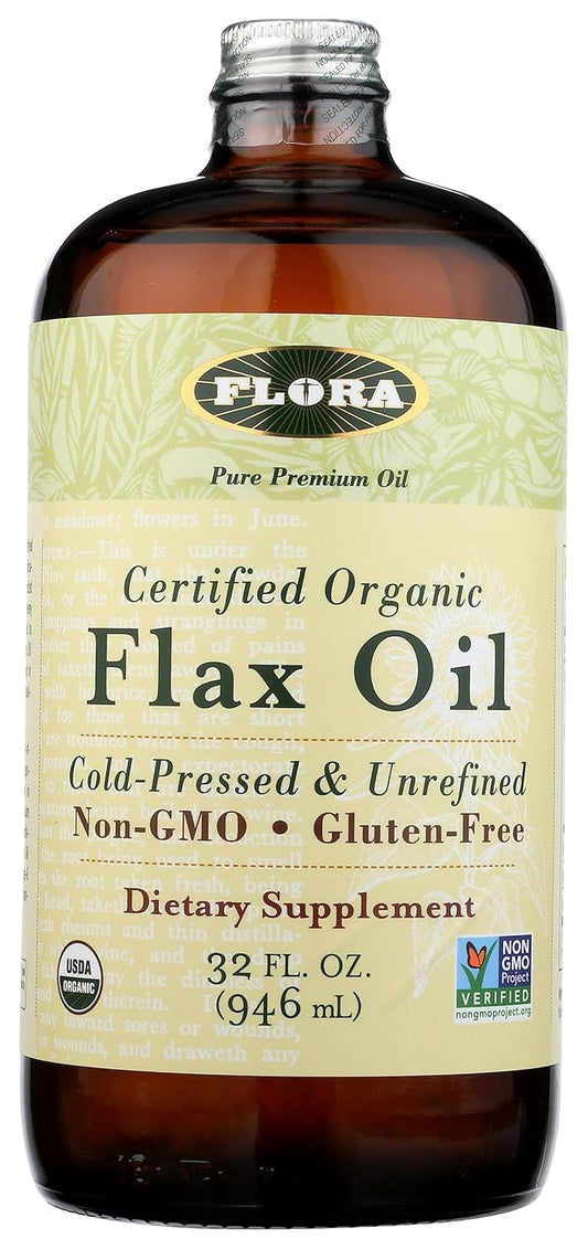 Organic Cold Pressed Flax Seed Oil - Non-GMO, Gluten-Free, Kosher Omega Blend - 32 oz Amber Glass Bottle - Essential Fatty Acids for Wellness