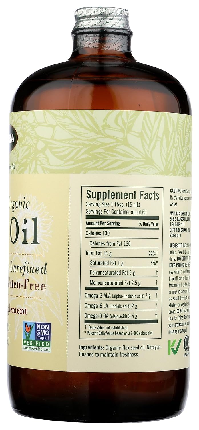 Organic Cold Pressed Flax Seed Oil - Non-GMO, Gluten-Free, Kosher Omega Blend - 32 oz Amber Glass Bottle - Essential Fatty Acids for Wellness