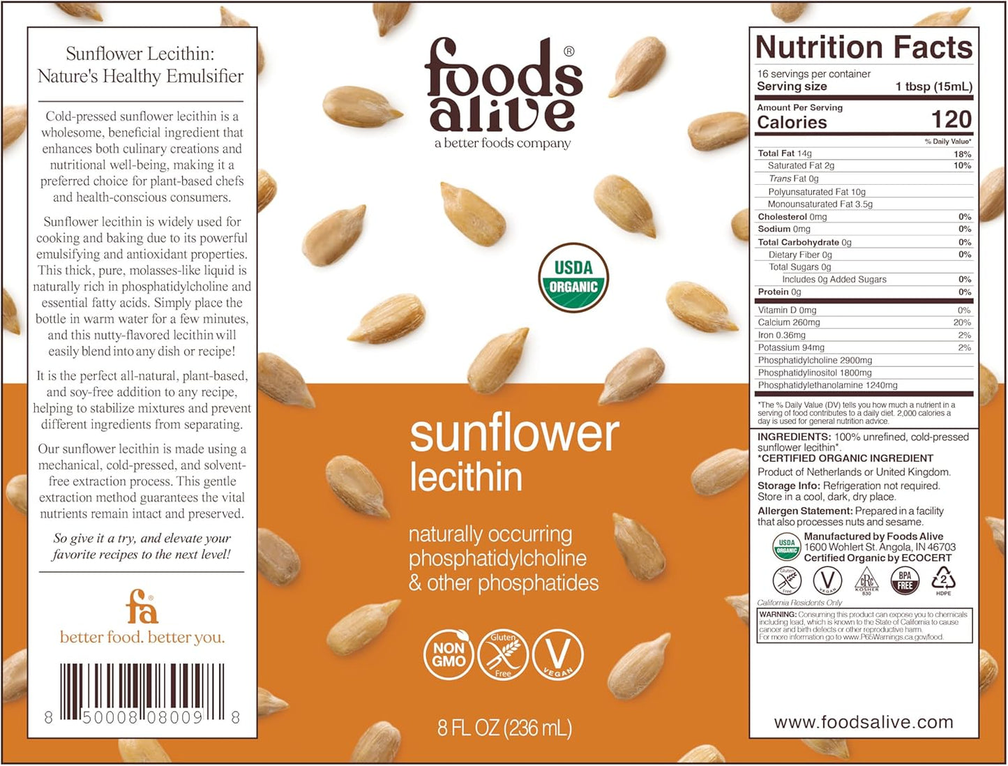 Organic Cold-Pressed Sunflower Lecithin Liquid, Extra-Virgin & Unrefined - 8 Fl Oz