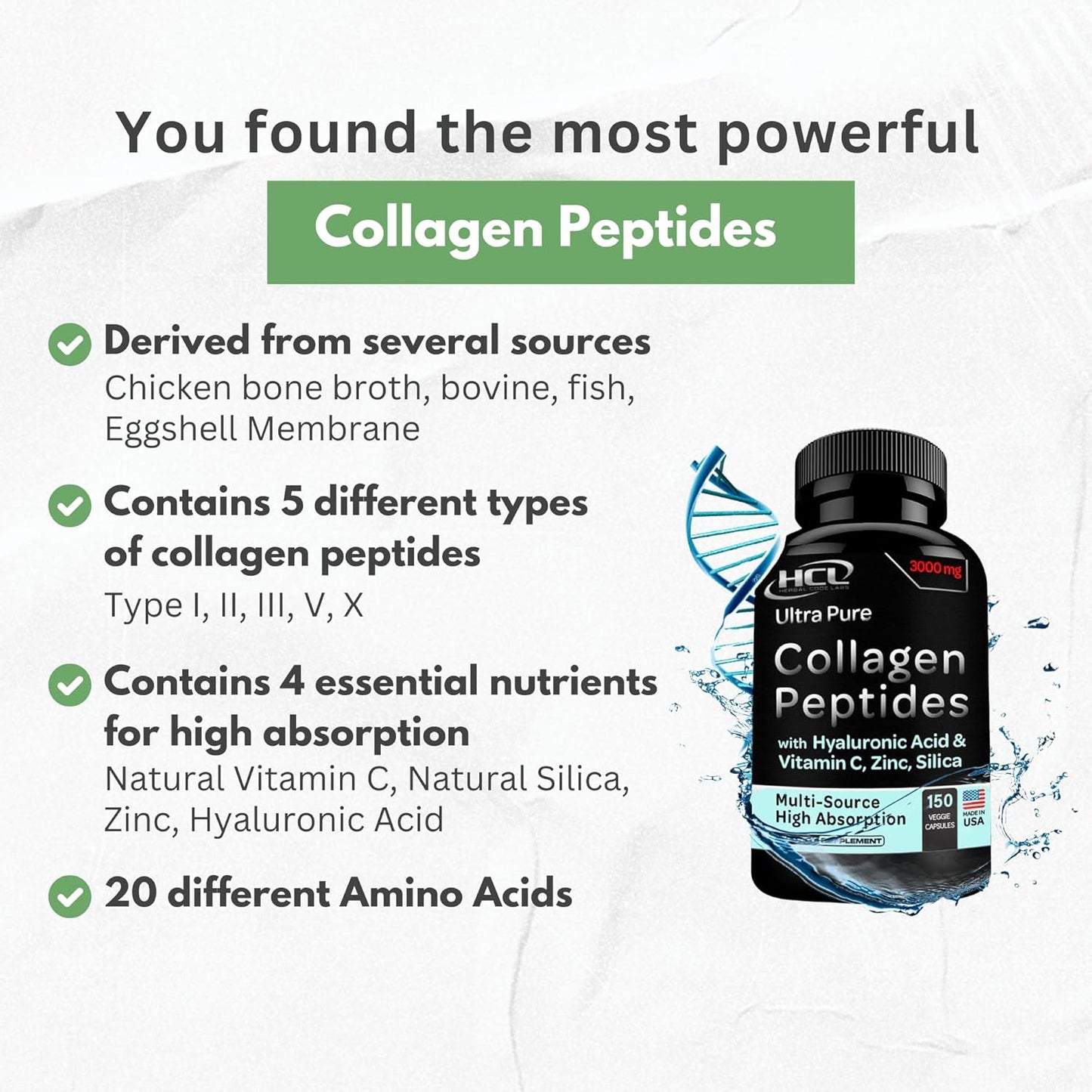 Organic Collagen Peptides Powder with Vitamin C & Hyaluronic Acid - High Absorption Hydrolyzed Multi-Type Skin Hair Joint Supplement