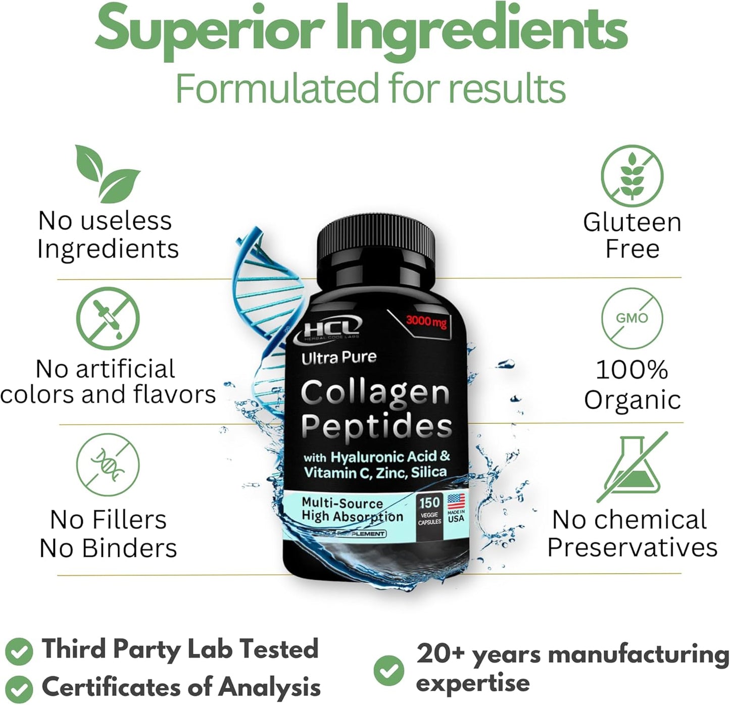 Organic Collagen Peptides Powder with Vitamin C & Hyaluronic Acid - High Absorption Hydrolyzed Multi-Type Skin Hair Joint Supplement