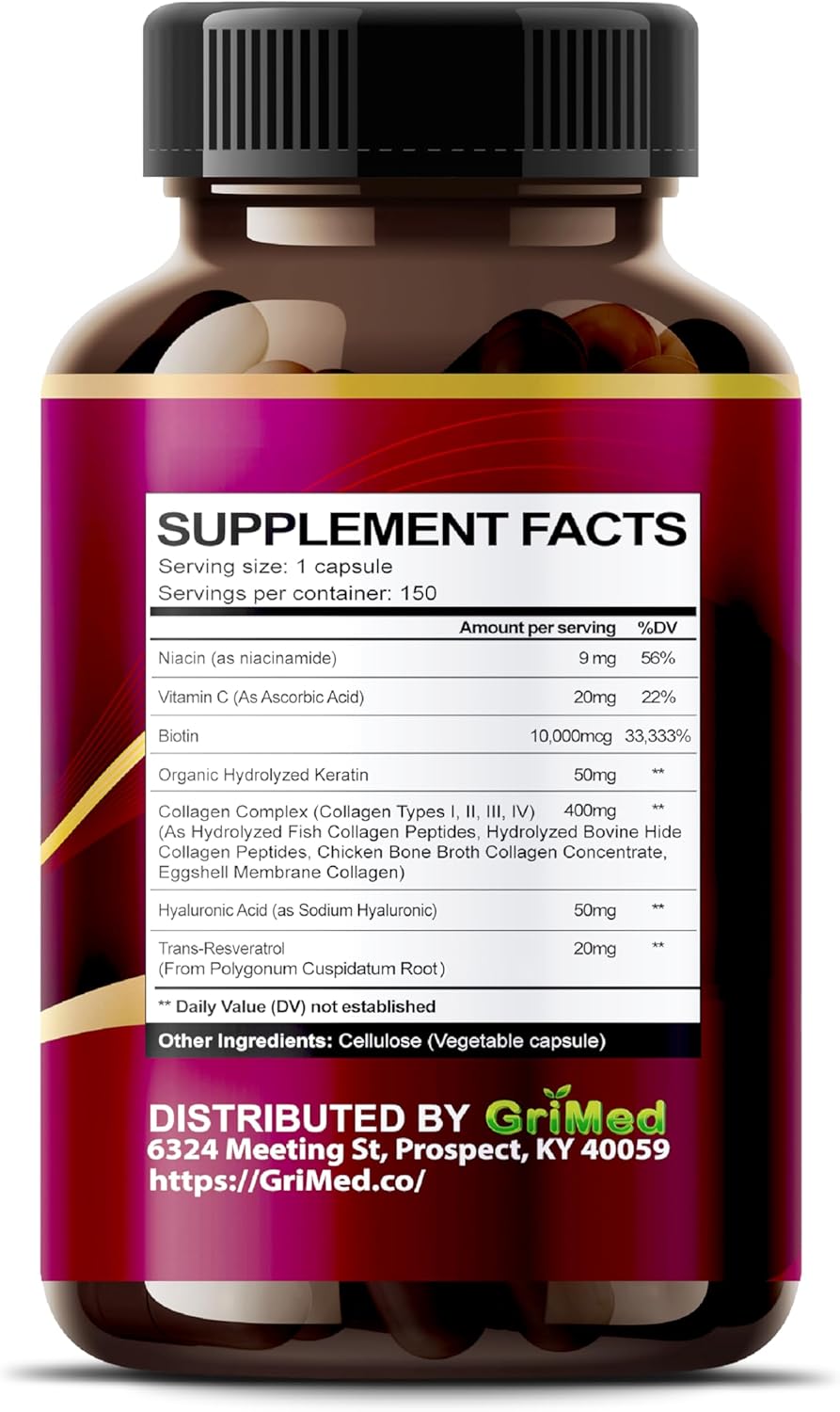 Organic Collagen Supplement with Hyaluronic Acid, Biotin, Keratin, Resveratrol - Hair Skin Nails Vitamins - 6,419 mg - Made in USA - 90 Count