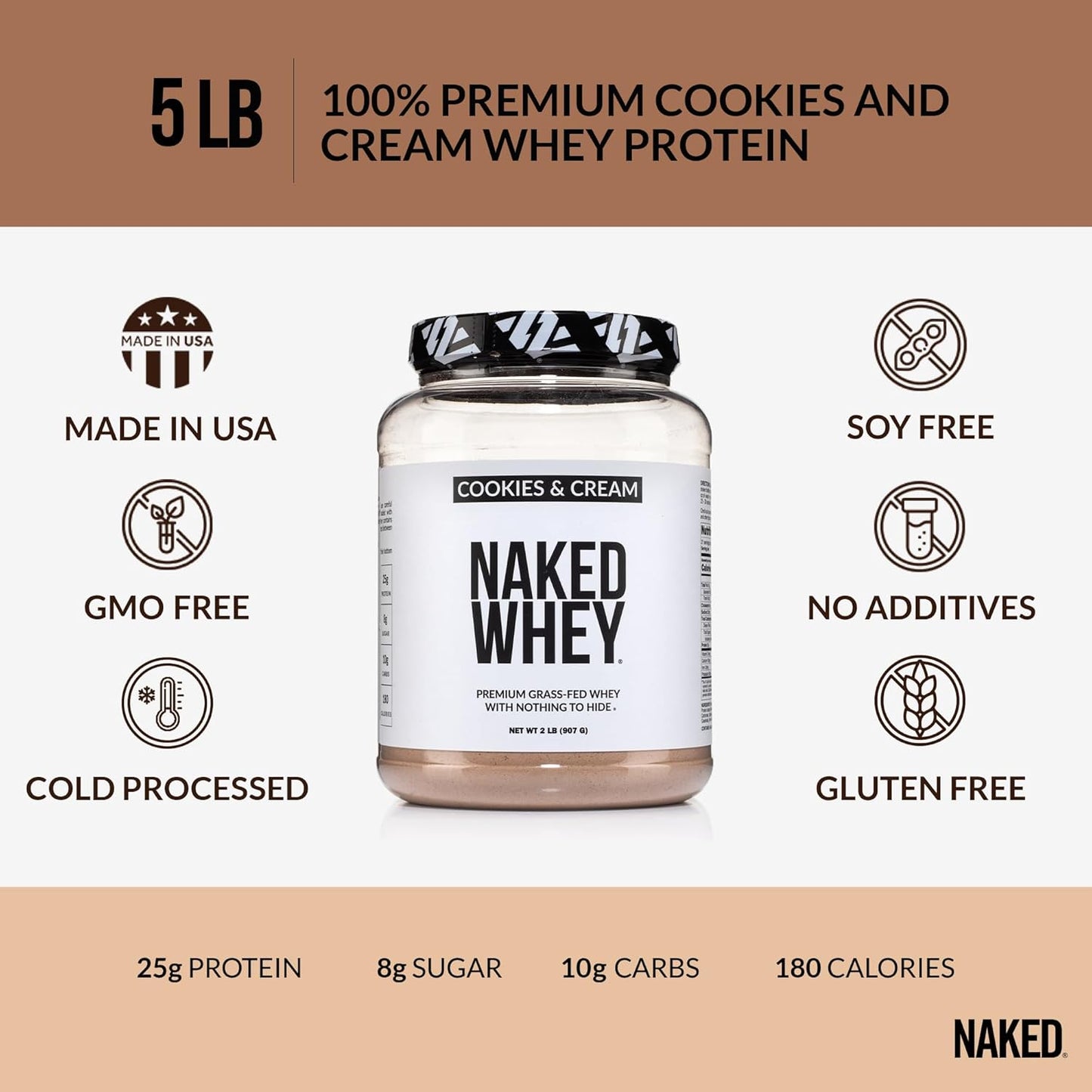 Organic Cookies and Cream Grass-Fed Whey Protein Powder - Non-GMO, Gluten-Free, 52 Servings