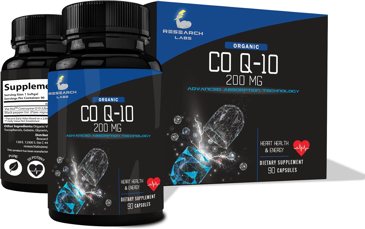 Organic CoQ10 Softgels with Black Pepper Extract - 200mg, 90 Count - Gluten Free Heart Health and Energy Support