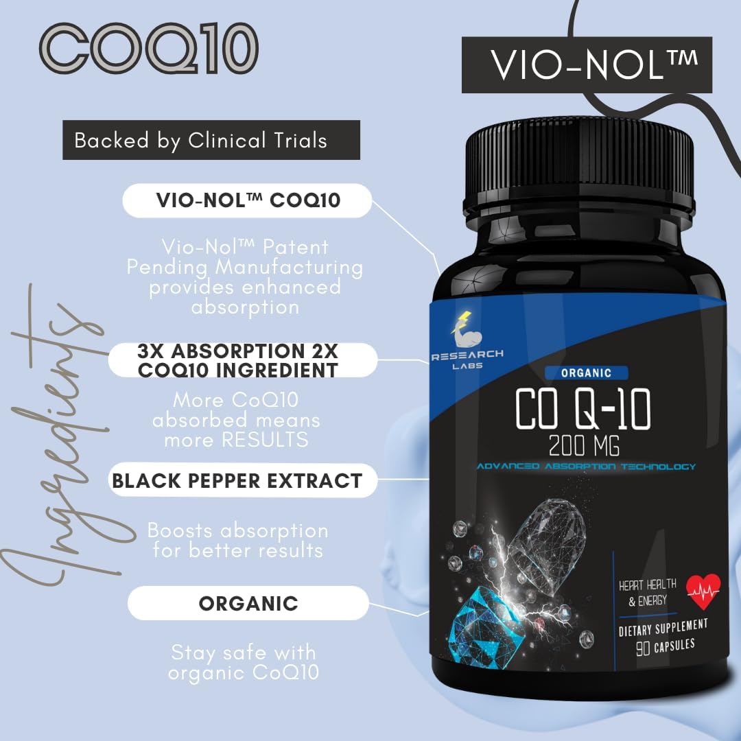 Organic CoQ10 Softgels with Black Pepper Extract - 200mg, 90 Count - Gluten Free Heart Health and Energy Support