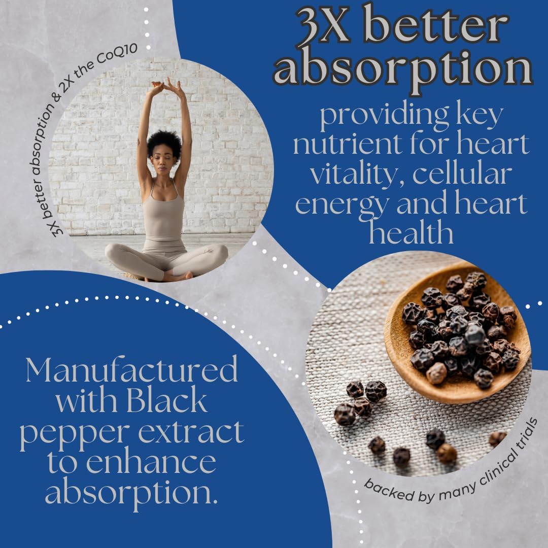 Organic CoQ10 Softgels with Black Pepper Extract - 200mg, 90 Count - Gluten Free Heart Health and Energy Support