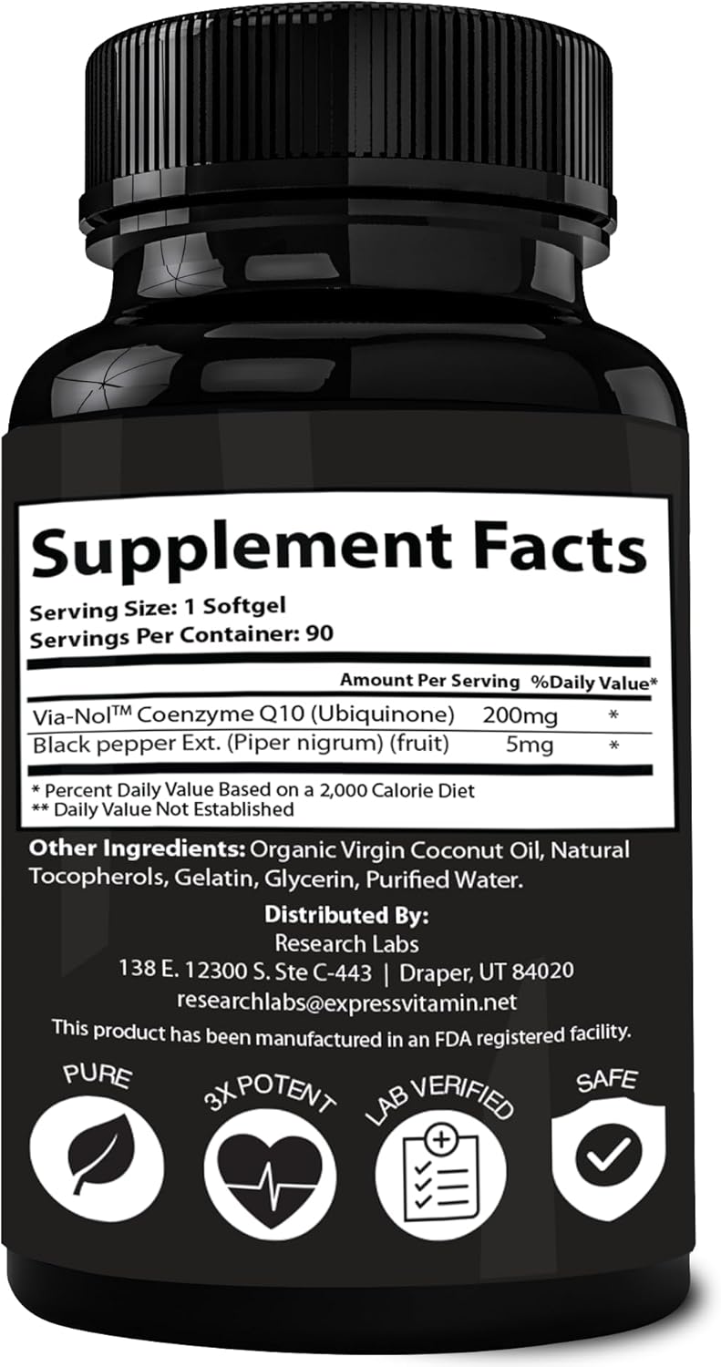 Organic CoQ10 Softgels with Black Pepper Extract - 200mg, 90 Count - Gluten Free Heart Health and Energy Support