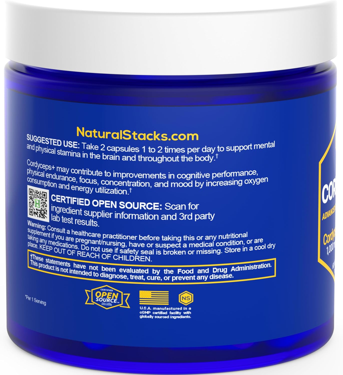 Organic Cordyceps Mushroom Capsules with Yerba Mate Extract - 1000mg & 125mg - Brain Energy Support - 60 Capsules