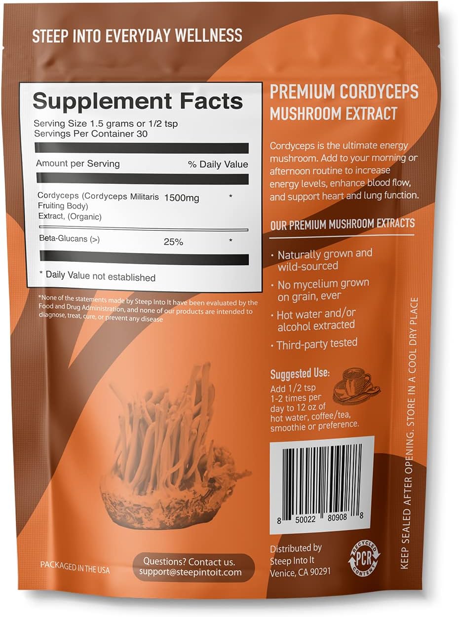 Organic Cordyceps Mushroom Powder Supplement for Energy, Stamina, and Endurance - 45g, 30 Servings - Energize and Boost Your Performance