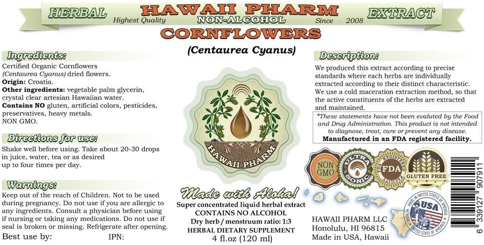 Organic Cornflower Alcohol-Free Liquid Extract - 2 oz Glycerite by Hawaii Pharm - Natural Herbal Supplement