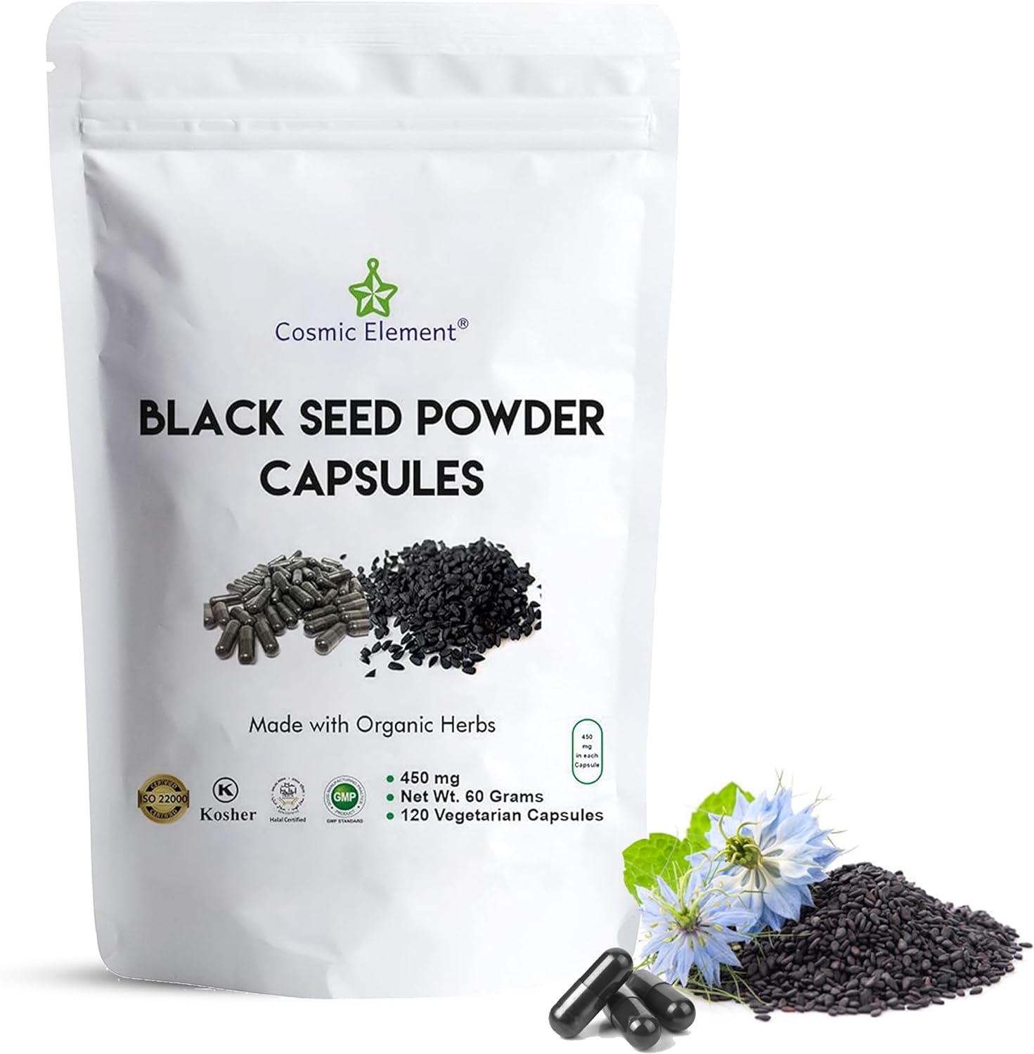 Organic Cosmic Element Black Seed Powder Capsules - 100% Pure Nigella Sativa for Health - 120 Capsules of Vegan Black Cumin Seeds (450mg)