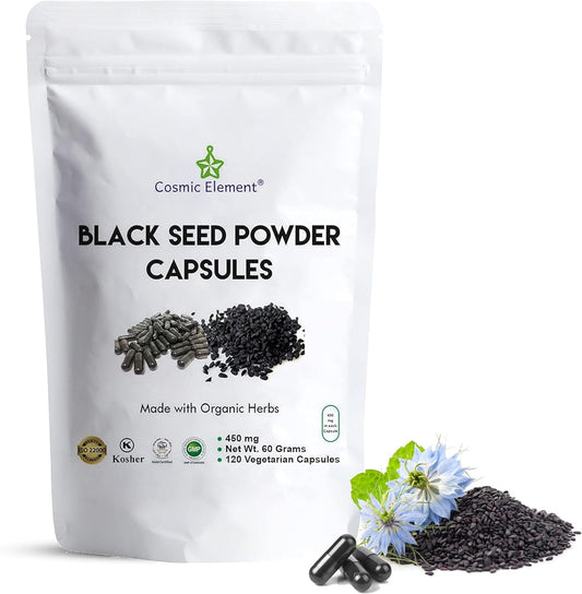 Organic Cosmic Element Black Seed Powder Capsules - 100% Pure Nigella Sativa for Health - 120 Capsules of Vegan Black Cumin Seeds (450mg)