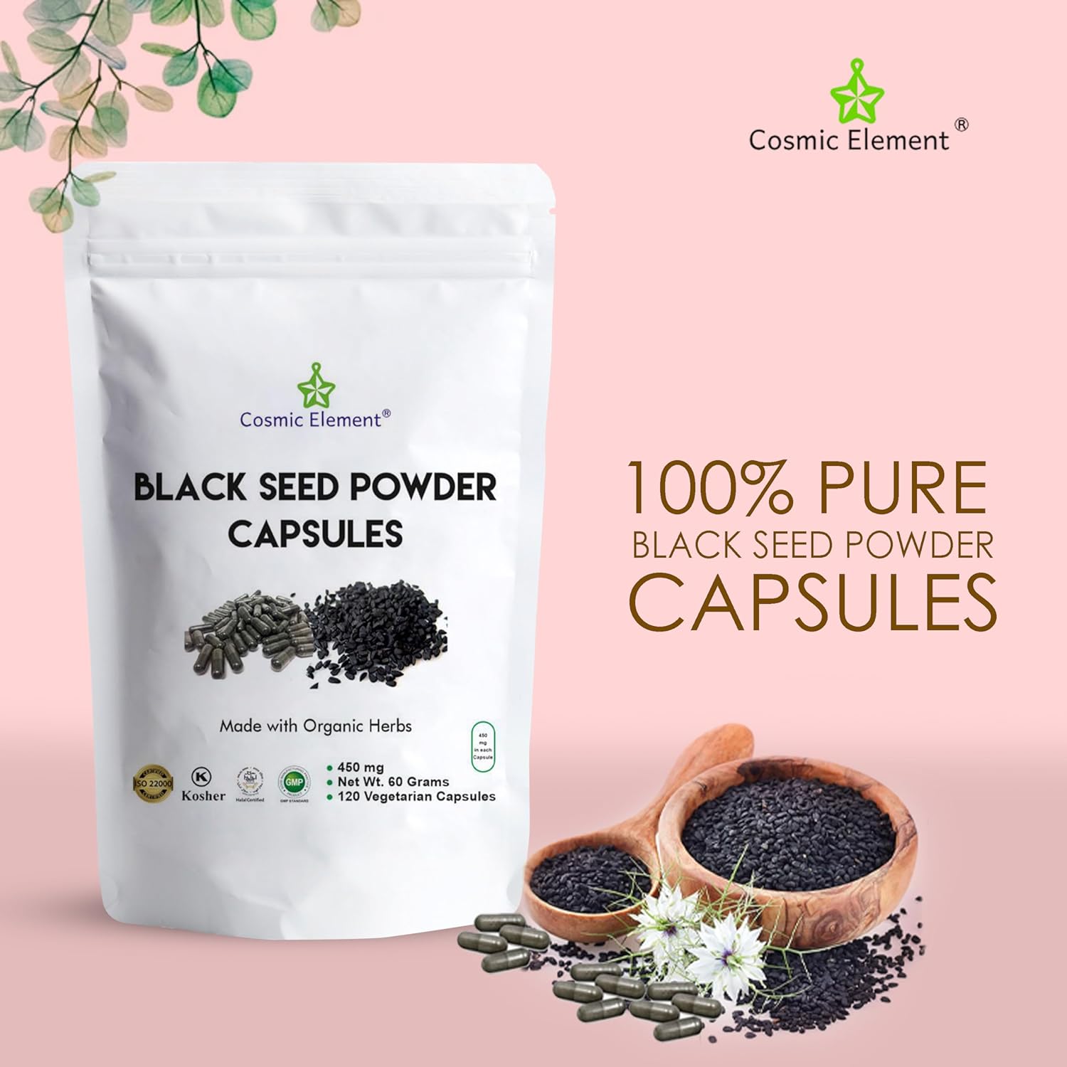 Organic Cosmic Element Black Seed Powder Capsules - 100% Pure Nigella Sativa for Health - 120 Capsules of Vegan Black Cumin Seeds (450mg)