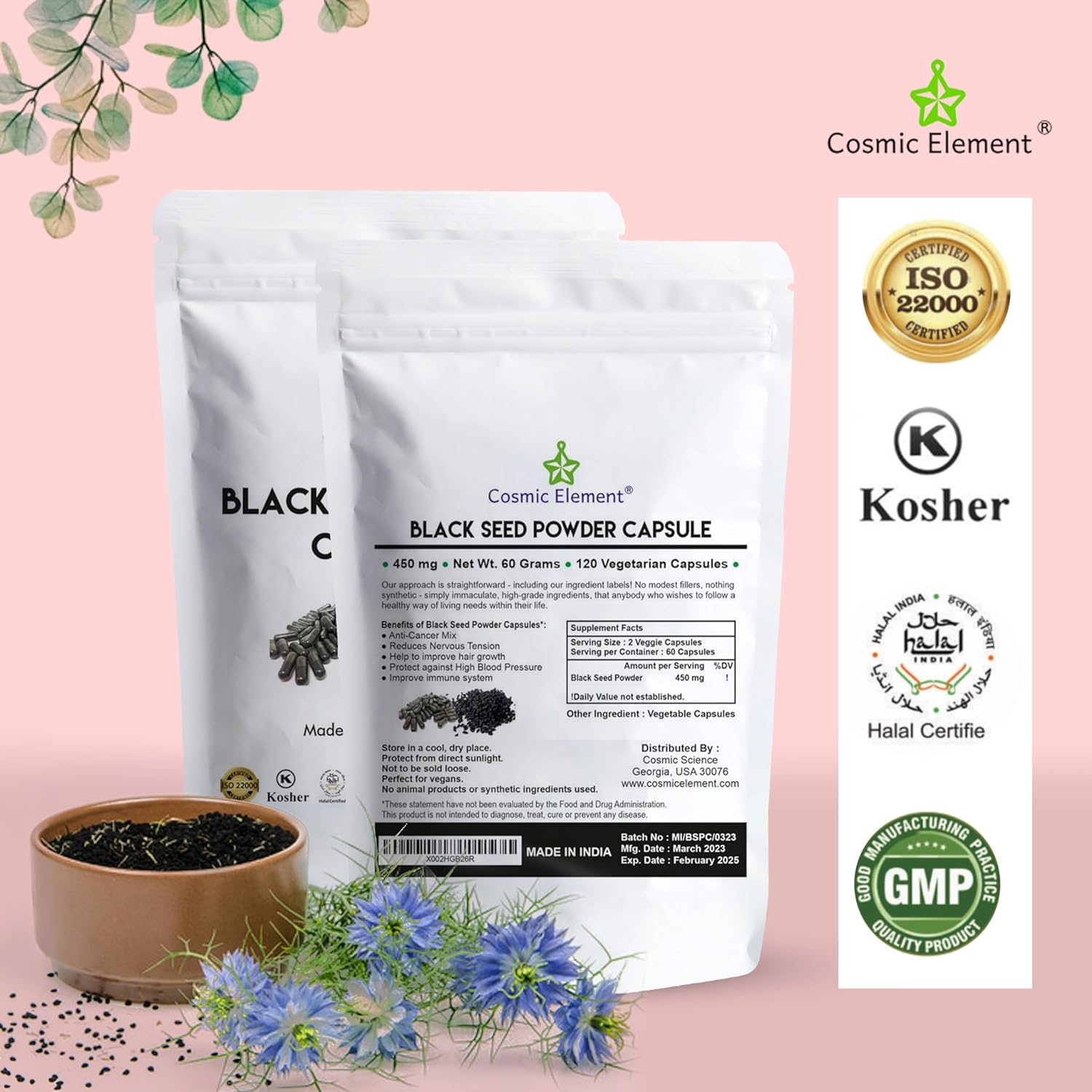 Organic Cosmic Element Black Seed Powder Capsules - 100% Pure Nigella Sativa for Health - 120 Capsules of Vegan Black Cumin Seeds (450mg)