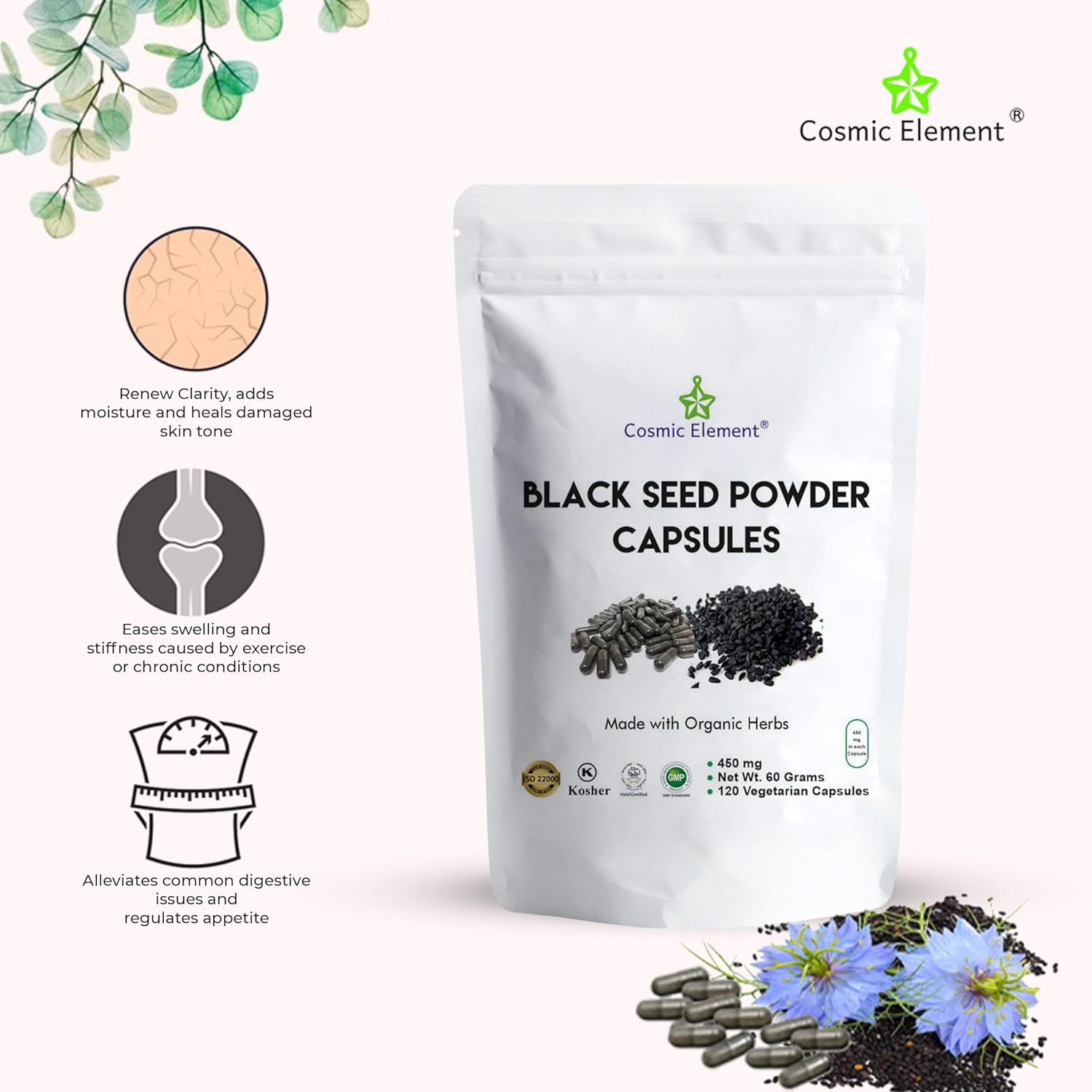 Organic Cosmic Element Black Seed Powder Capsules - 100% Pure Nigella Sativa for Health - 120 Capsules of Vegan Black Cumin Seeds (450mg)