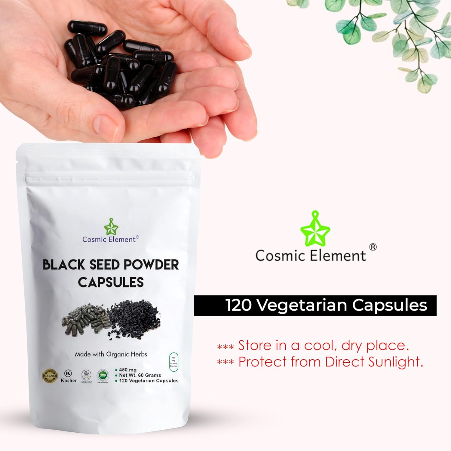 Organic Cosmic Element Black Seed Powder Capsules - 100% Pure Nigella Sativa for Health - 120 Capsules of Vegan Black Cumin Seeds (450mg)
