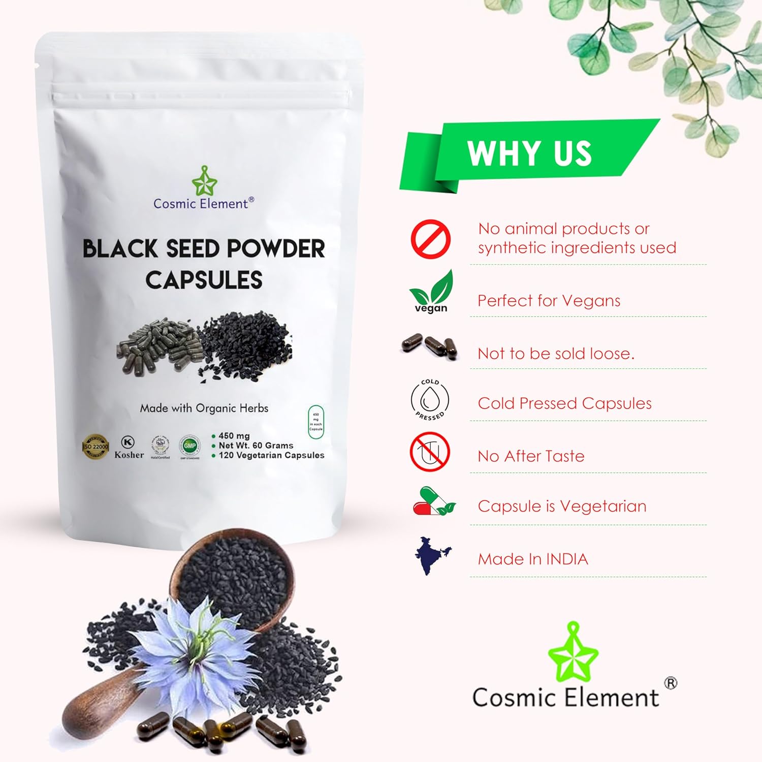 Organic Cosmic Element Black Seed Powder Capsules - 100% Pure Nigella Sativa for Health - 120 Capsules of Vegan Black Cumin Seeds (450mg)