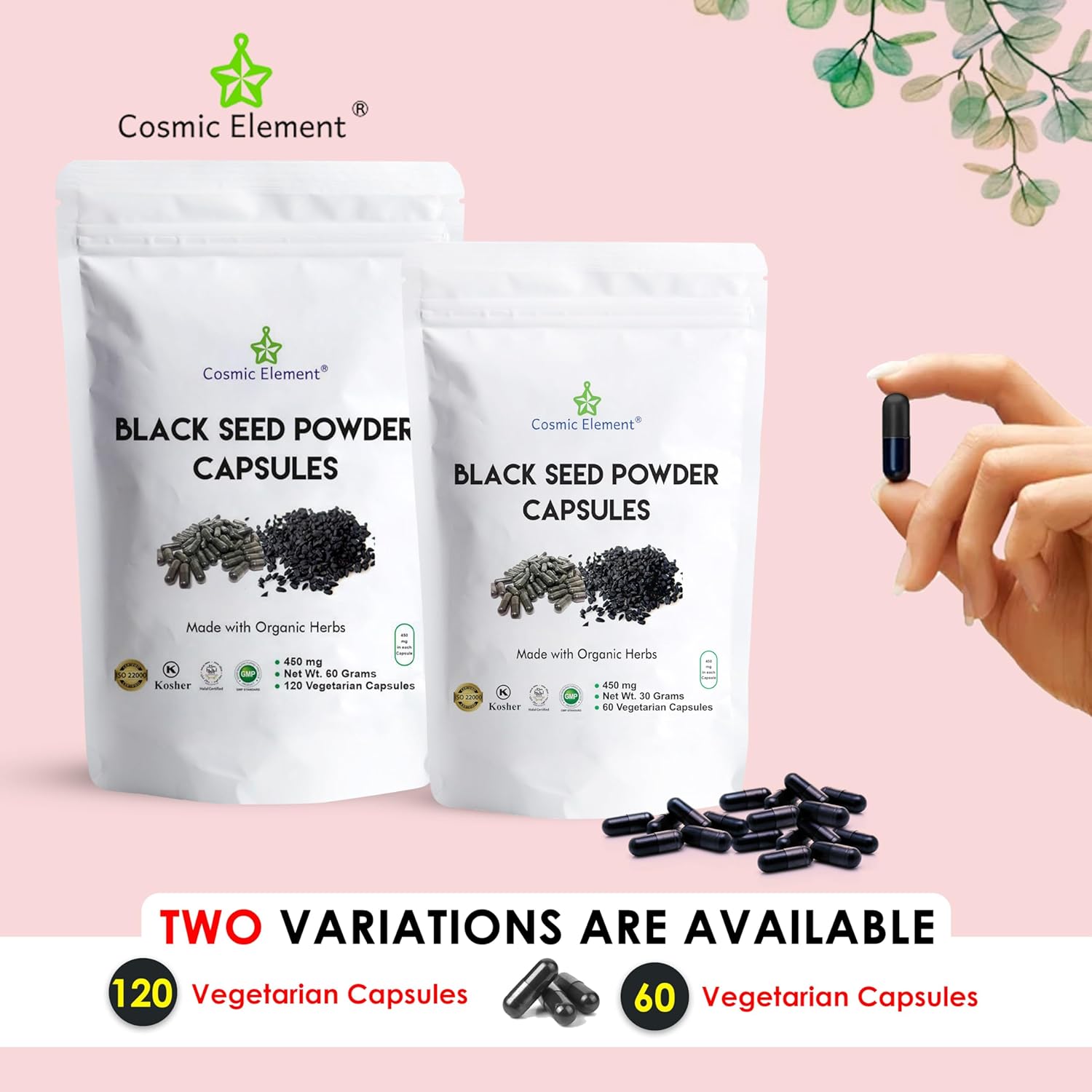 Organic Cosmic Element Black Seed Powder Capsules - 100% Pure Nigella Sativa for Health - 120 Capsules of Vegan Black Cumin Seeds (450mg)