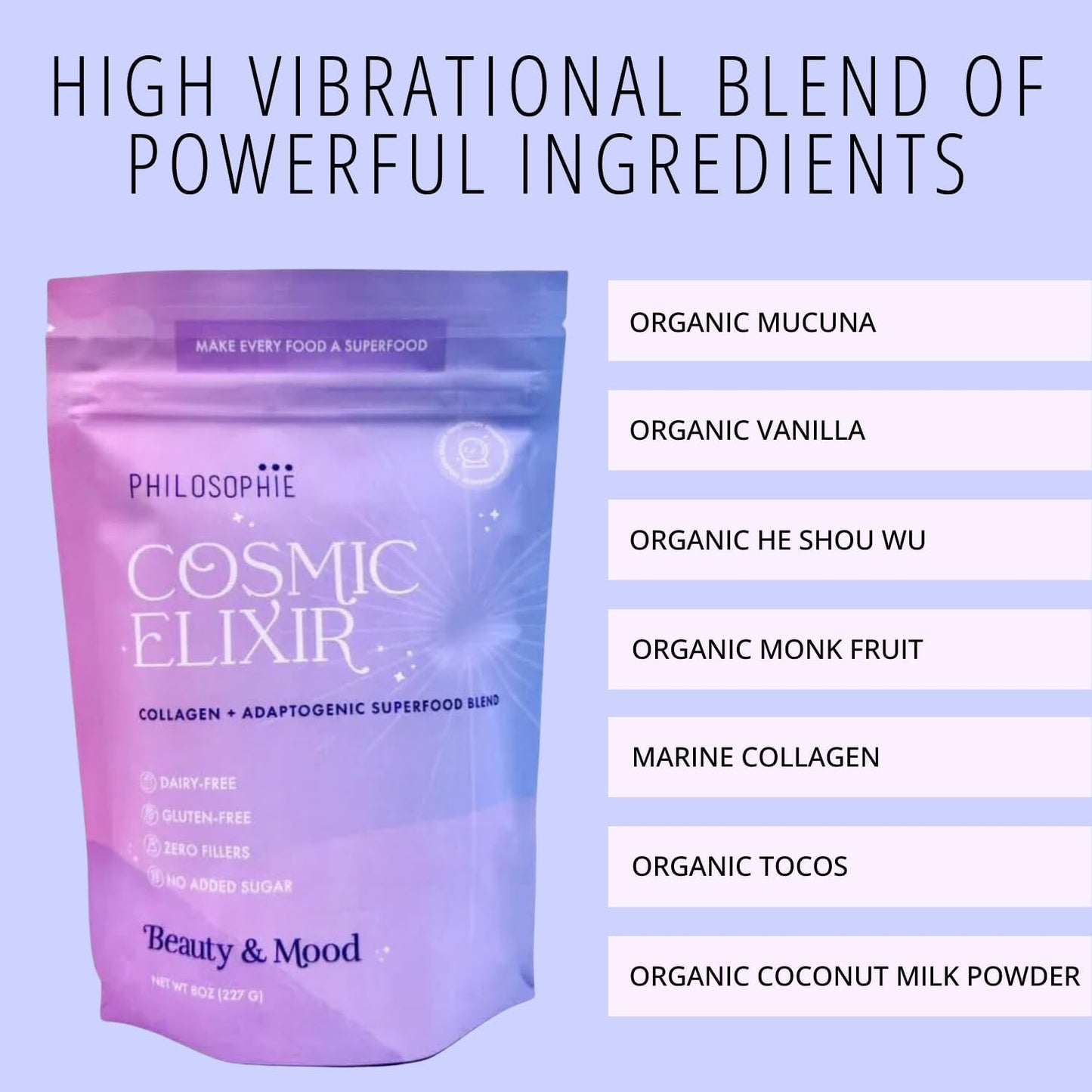 Organic Cosmic Elixir Superfood Blend with Collagen & Adaptogens - 32 Servings, Improves Gut, Emotional Balance, Joint Health, Skin Vitality, Hormones