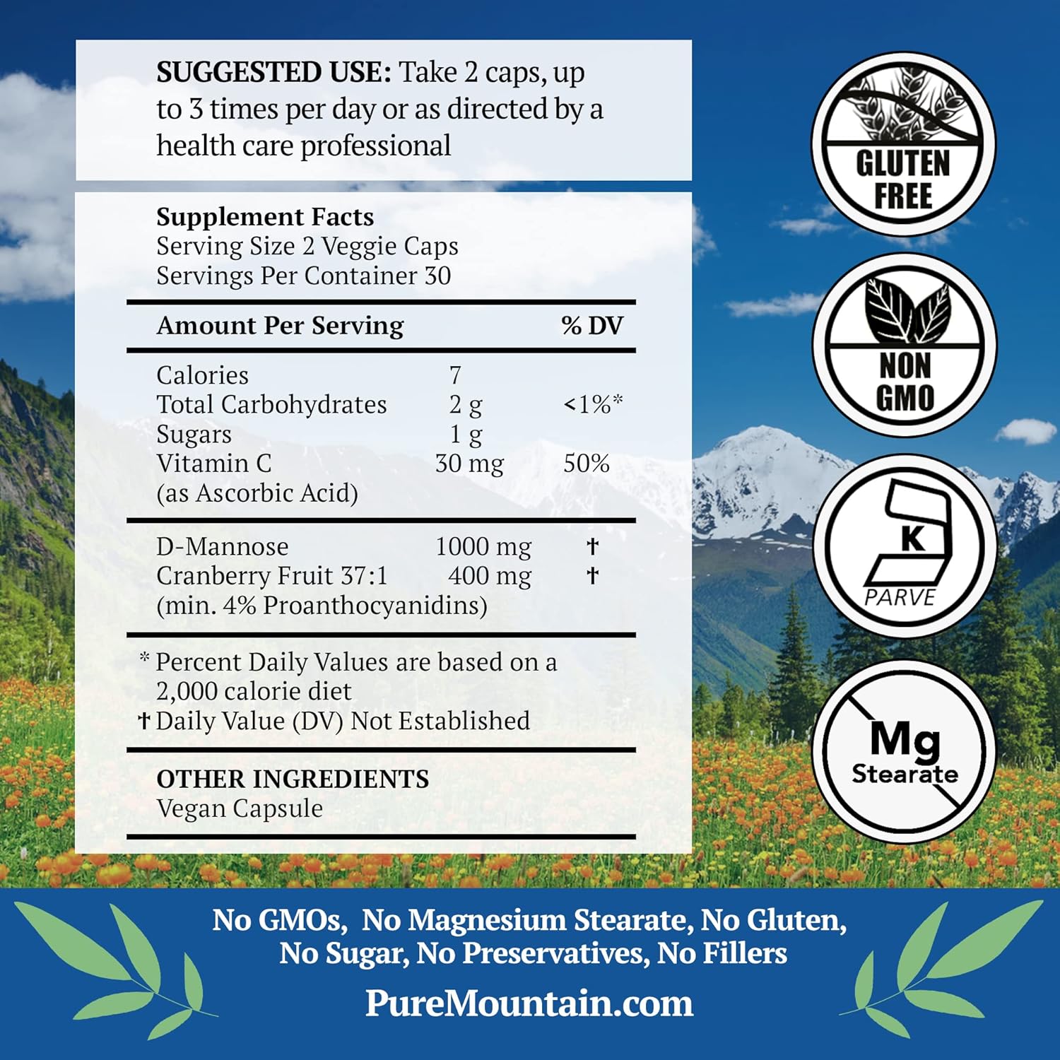 Organic Cranberry D-Mannose Capsules - 60 Vegan Kosher Caps - 1000mg with Cranberry Concentrate & Vitamin C