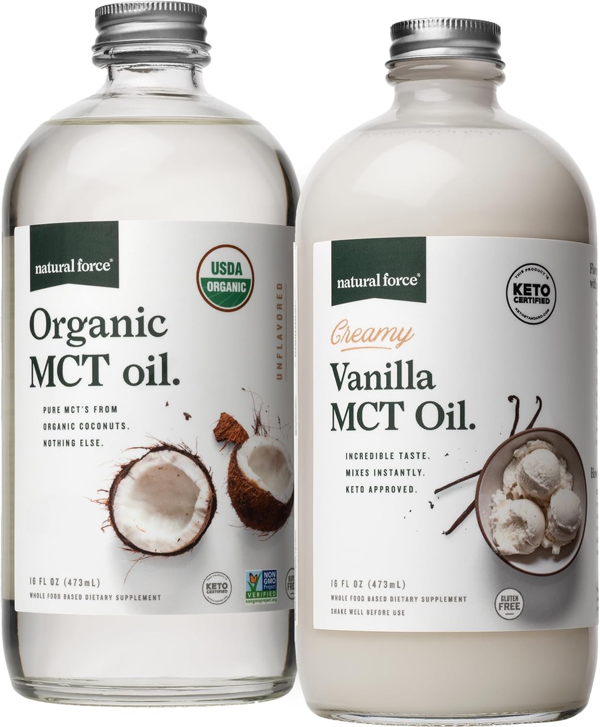 Organic Creamy Vanilla MCT Oil Combo - Gluten-Free, Non GMO, Pure Coconut MCTs - Keto, Paleo, Vegan - 2x 16oz Glass Bottles