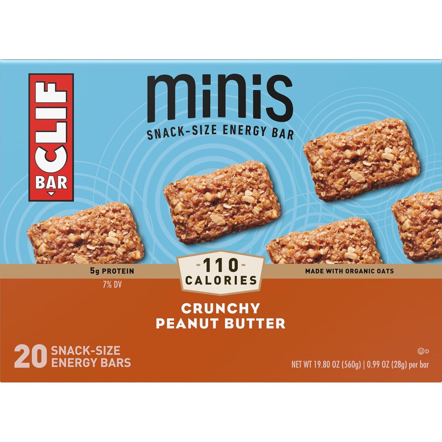 Organic Crunchy Peanut Butter Clif Bar Minis - 5g Protein - Non-GMO - Plant Based Energy Bars (20 Pack)