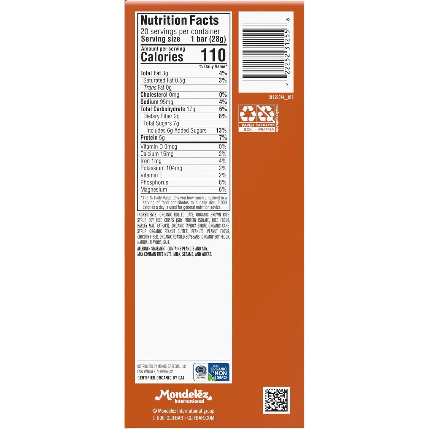 Organic Crunchy Peanut Butter Clif Bar Minis - 5g Protein - Non-GMO - Plant Based Energy Bars (20 Pack)