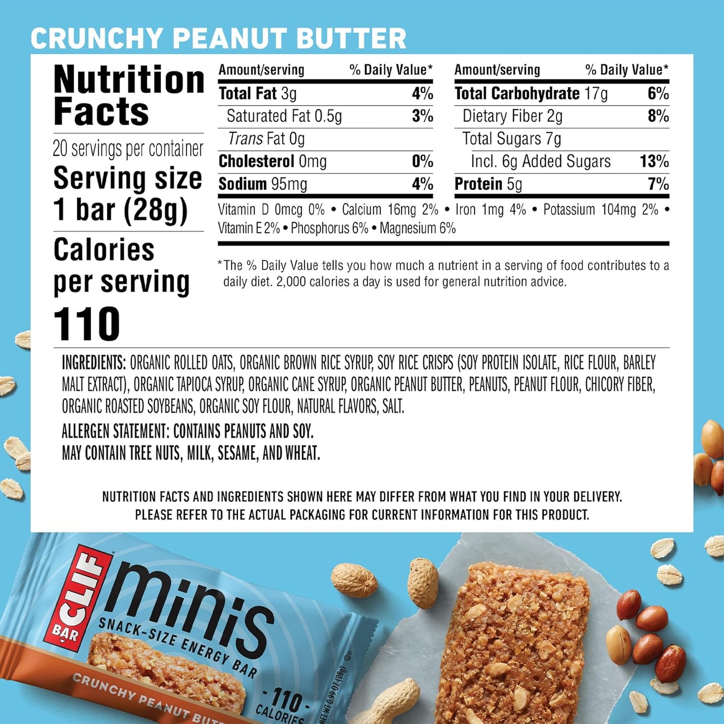 Organic Crunchy Peanut Butter Clif Bar Minis - 5g Protein - Non-GMO - Plant Based Energy Bars (20 Pack)