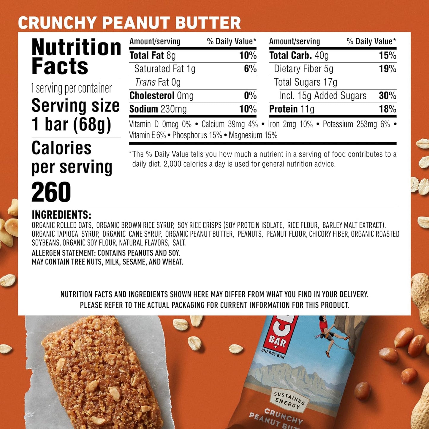 Organic Crunchy Peanut Butter Clif Bars - 11g Protein - Plant Based Energy Bars - Non-GMO - 2.4 oz (18 Pack)