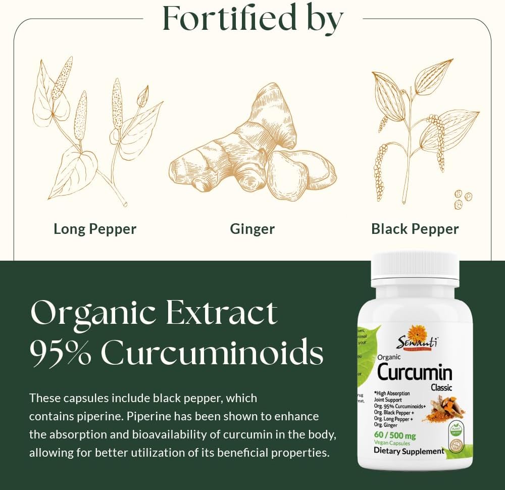 Organic Curcumin Extract with Black Pepper, Indian Long Pepper, and Ginger - 60 Vegan Capsules by Sewanti