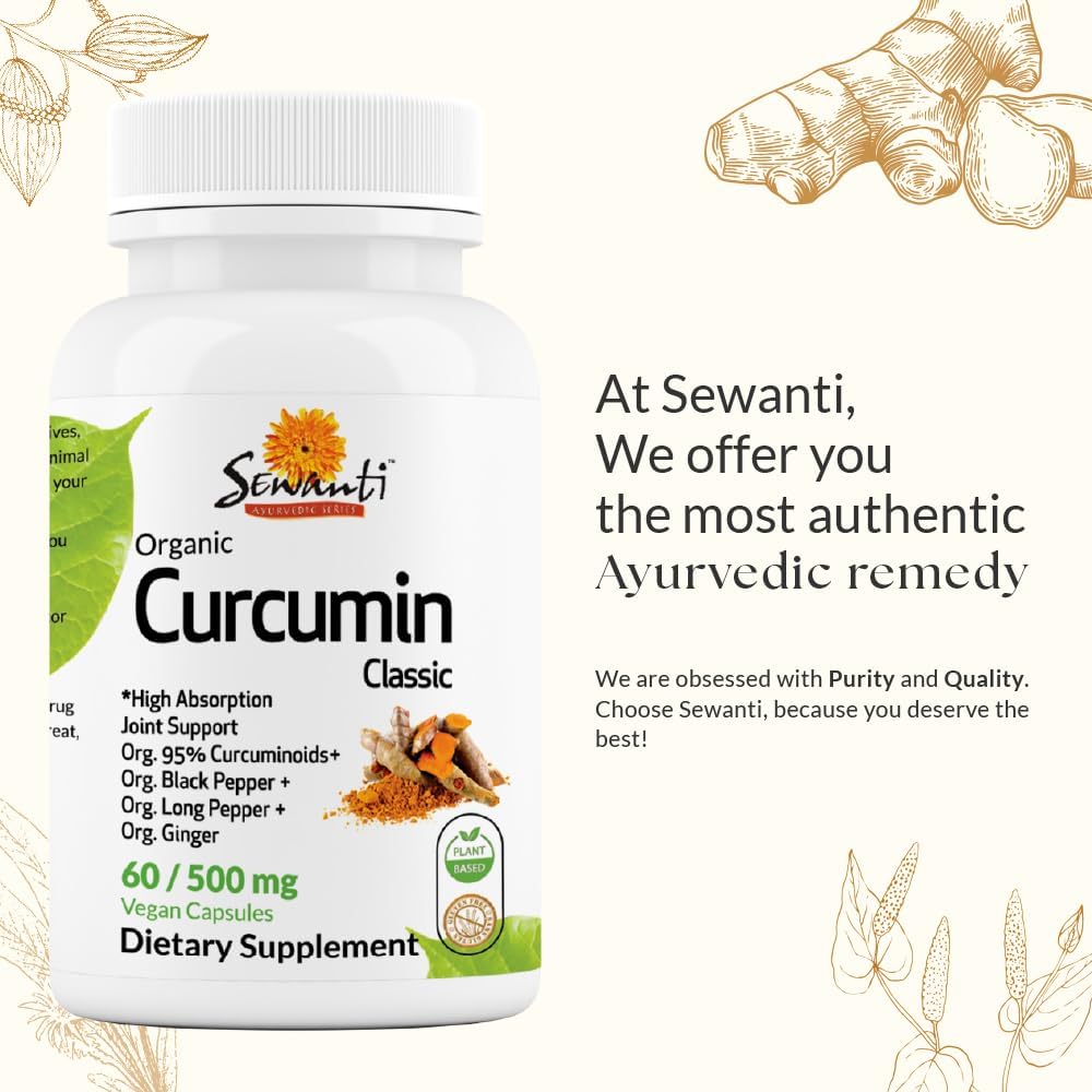 Organic Curcumin Extract with Black Pepper, Indian Long Pepper, and Ginger - 60 Vegan Capsules by Sewanti