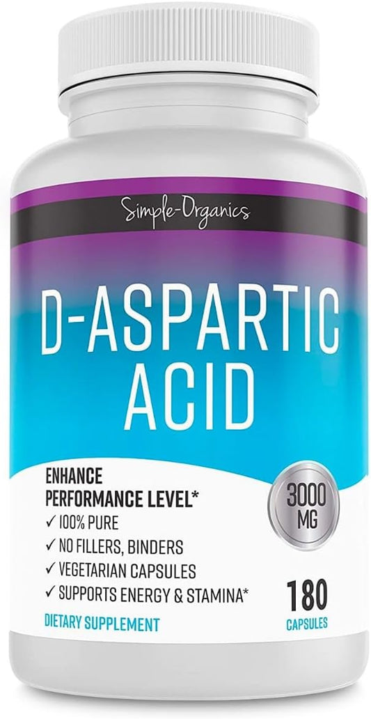 Organic D-Aspartic Acid Supplement for Energy Support, 3000mg per Serving, 180 Vegan Capsules, Gluten-Free & Non-GMO