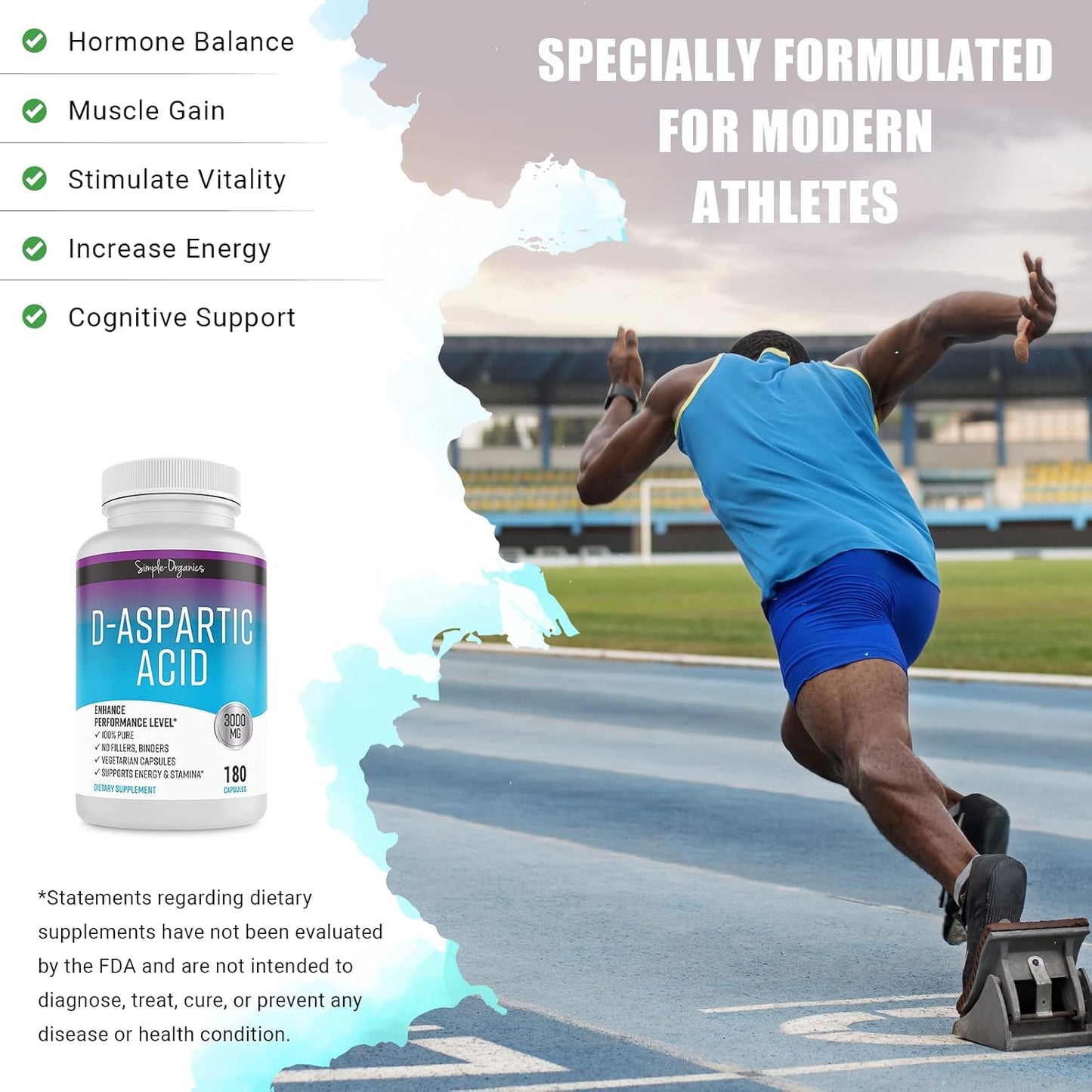 Organic D-Aspartic Acid Supplement for Energy Support, 3000mg per Serving, 180 Vegan Capsules, Gluten-Free & Non-GMO