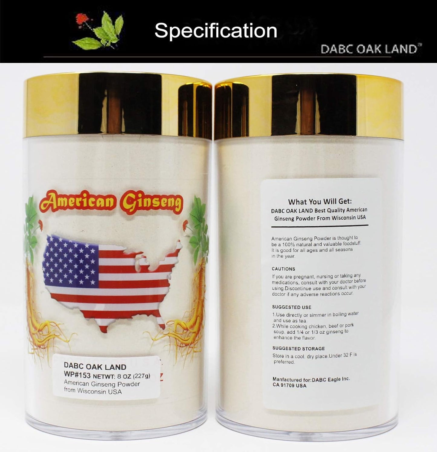 Organic DABC Oak Land Dol Root Powder with Ginseng Extract Powder - 8oz (227g) Pack