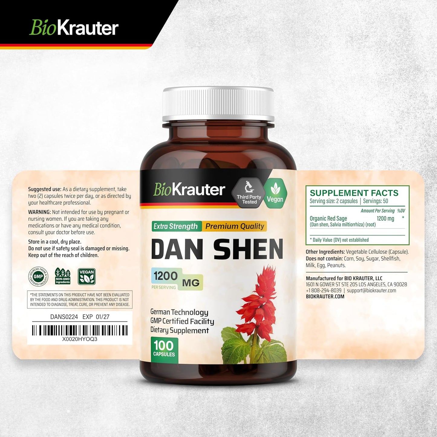 Organic Dan Shen and Stinging Nettle Capsules Bundle - 100 Capsules Each